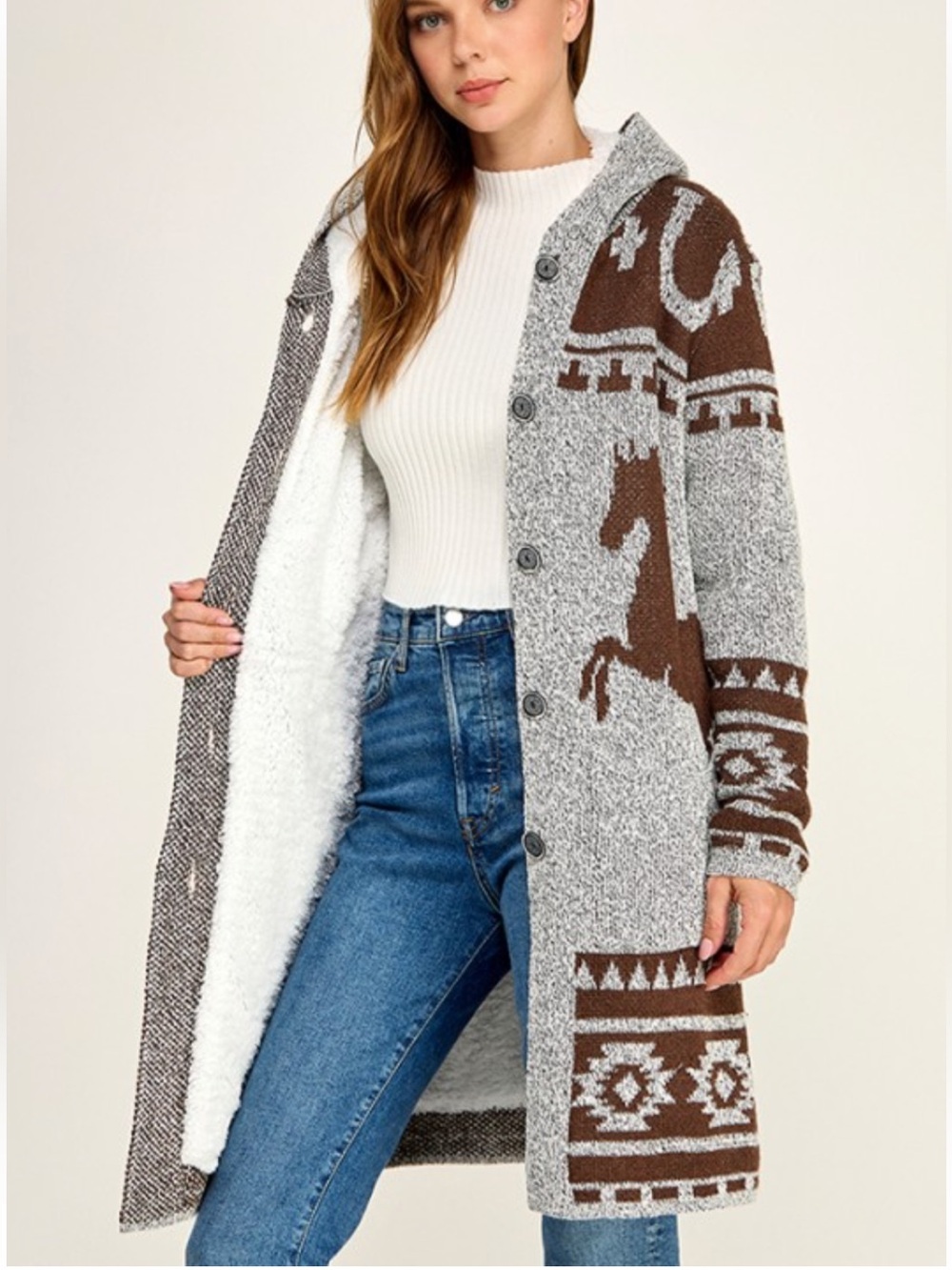 On Blue Sherpa Horse Aztec Western Hood Intersia Knit Gray Brown Cardigan